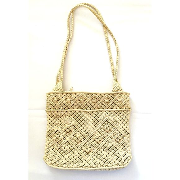 Cream Macrame Crochet Shoulder Bag Lined Boho Handbag Vintage Purse 10.5"x 9.5" - Picture 1 of 6